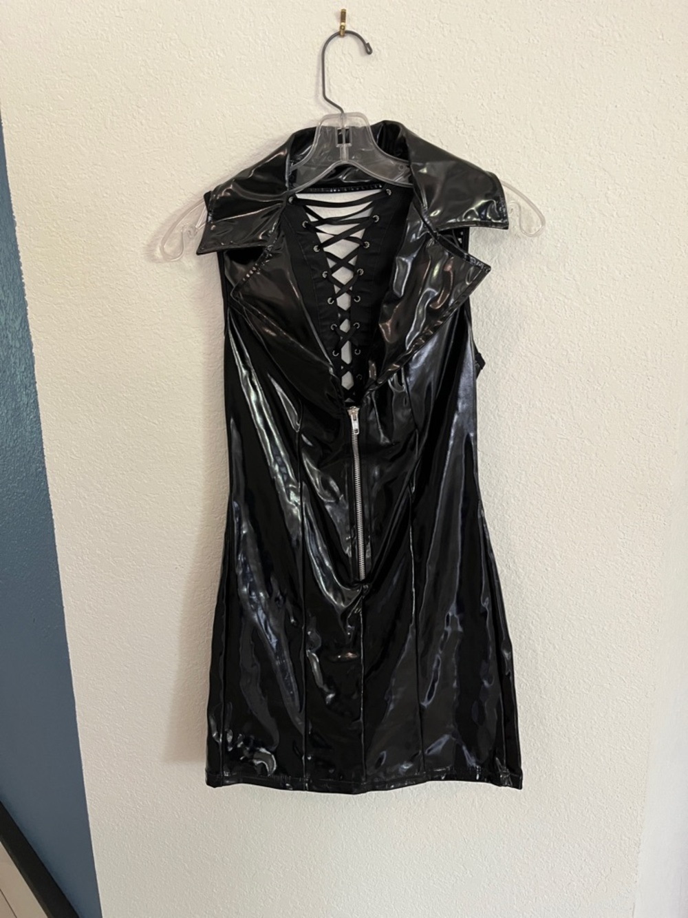 Black Patent Faux-Leather Zip Front Lace-Up Back Sleeveless Dress